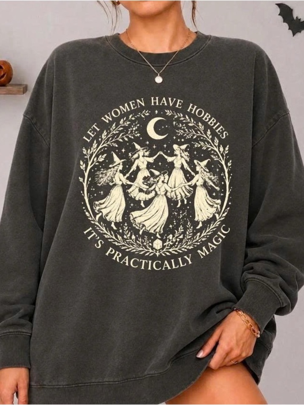 Charcoal Crewneck Sweatshirt with Cream Witch Circle Graphic
